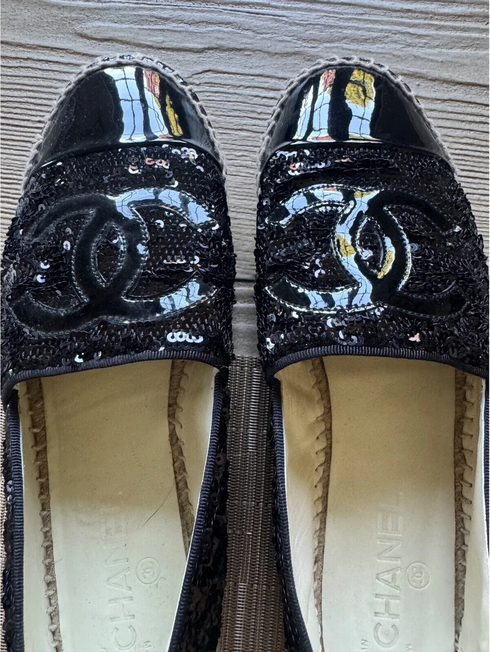 Chanel Tweed Patent Goatskin Sequin Espadrilles Flats EU40